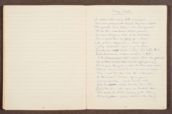 Text in blue ink in Britten’s hand of Wilfred Owen’s Strange Meeting, with indication in pencil of lines for omission, and insertion of lines from Owen’s earlier draft of the poem on the left.