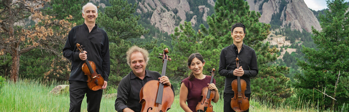 Takács Quartet on a mountainside holding instruments