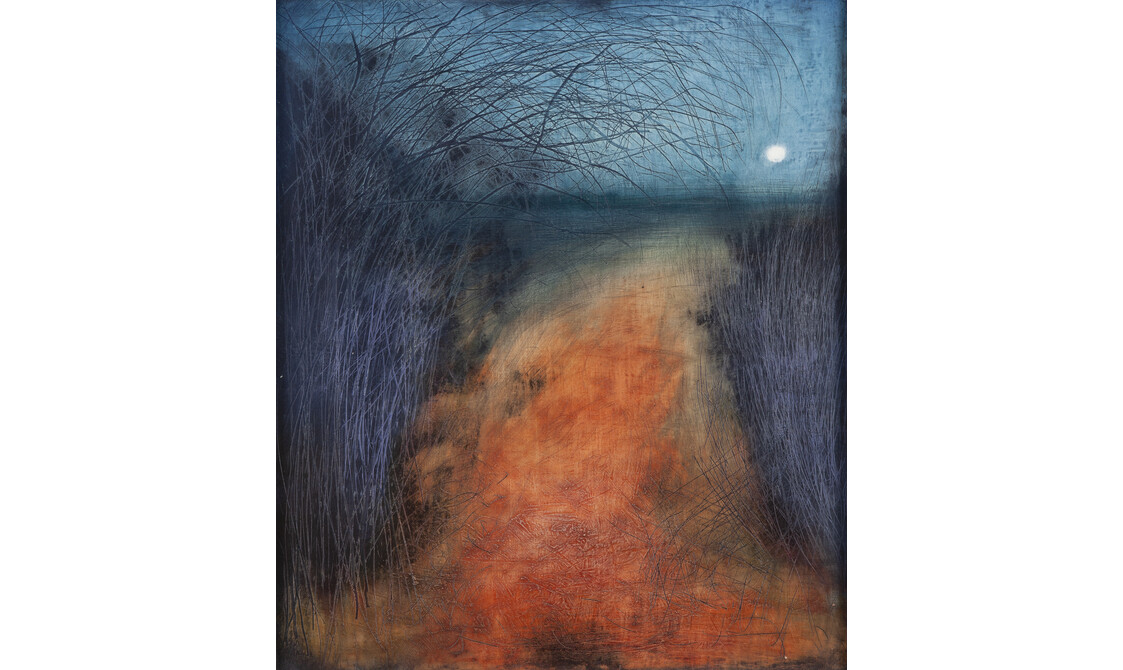 A painting of a walkway at night, by Tessa Frampton