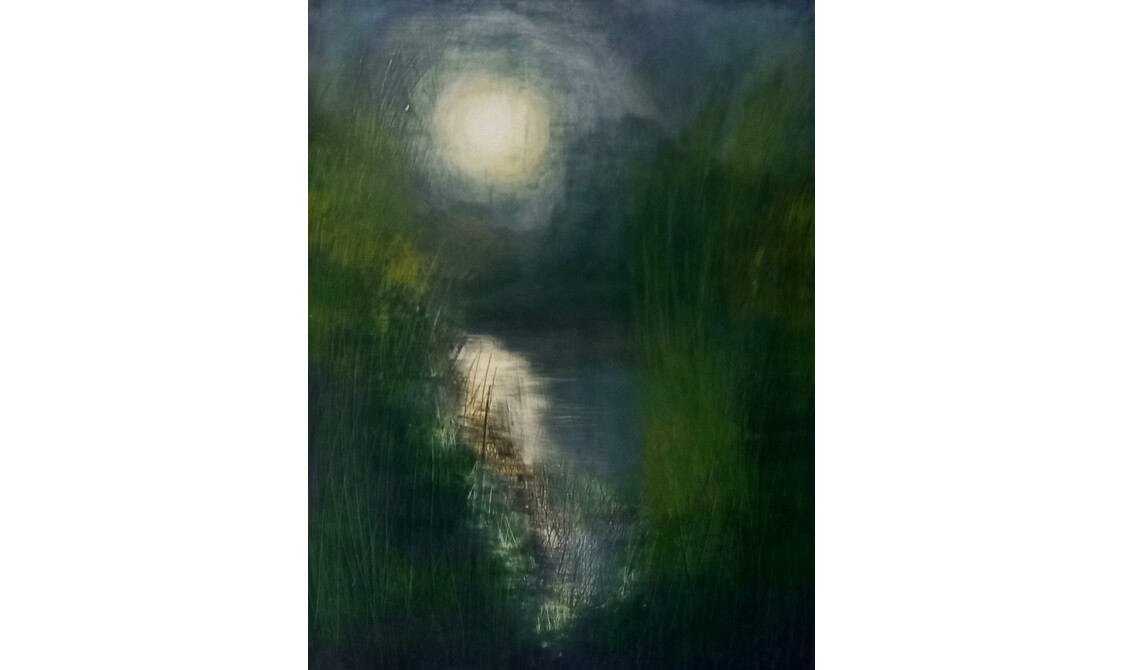 A painting of a night sky with a full moon, by Tessa Frampton