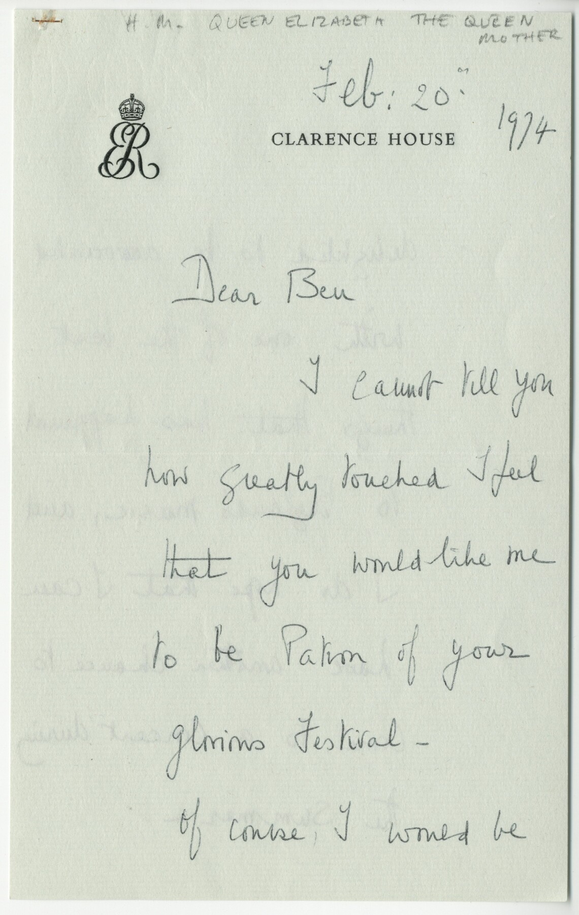 Letter from HM Queen Elizabeth, the Queen Mother, to Benjamin Britten, in the Britten Pears Arts archive